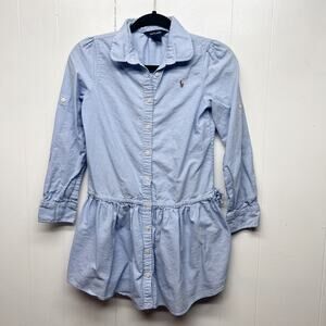 Ralph Lauren Black Label Girl Button Down Blue Dress Sz12 Long Sleeve Ruffle Hem